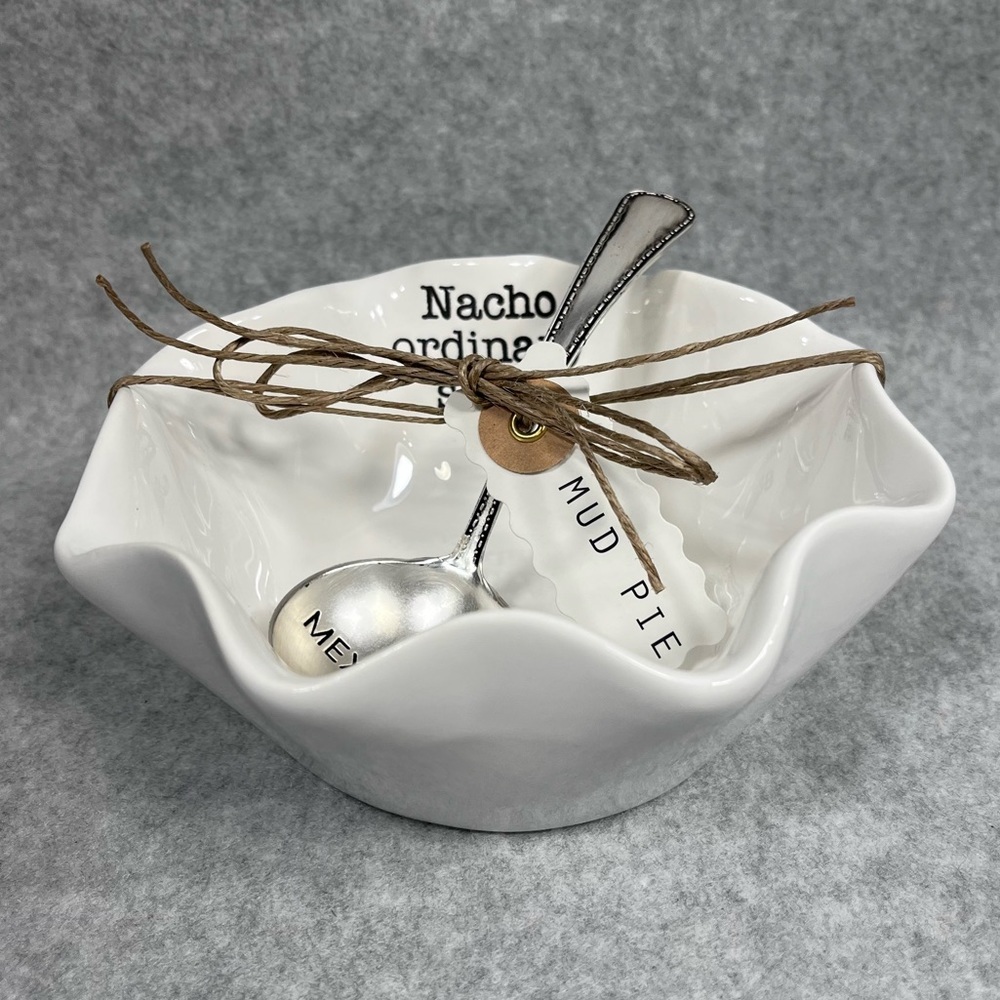 Mud Pie Nacho Ordinary Salsa‎ Dish Embossed Spoon Set Serve Ware White Ceramic